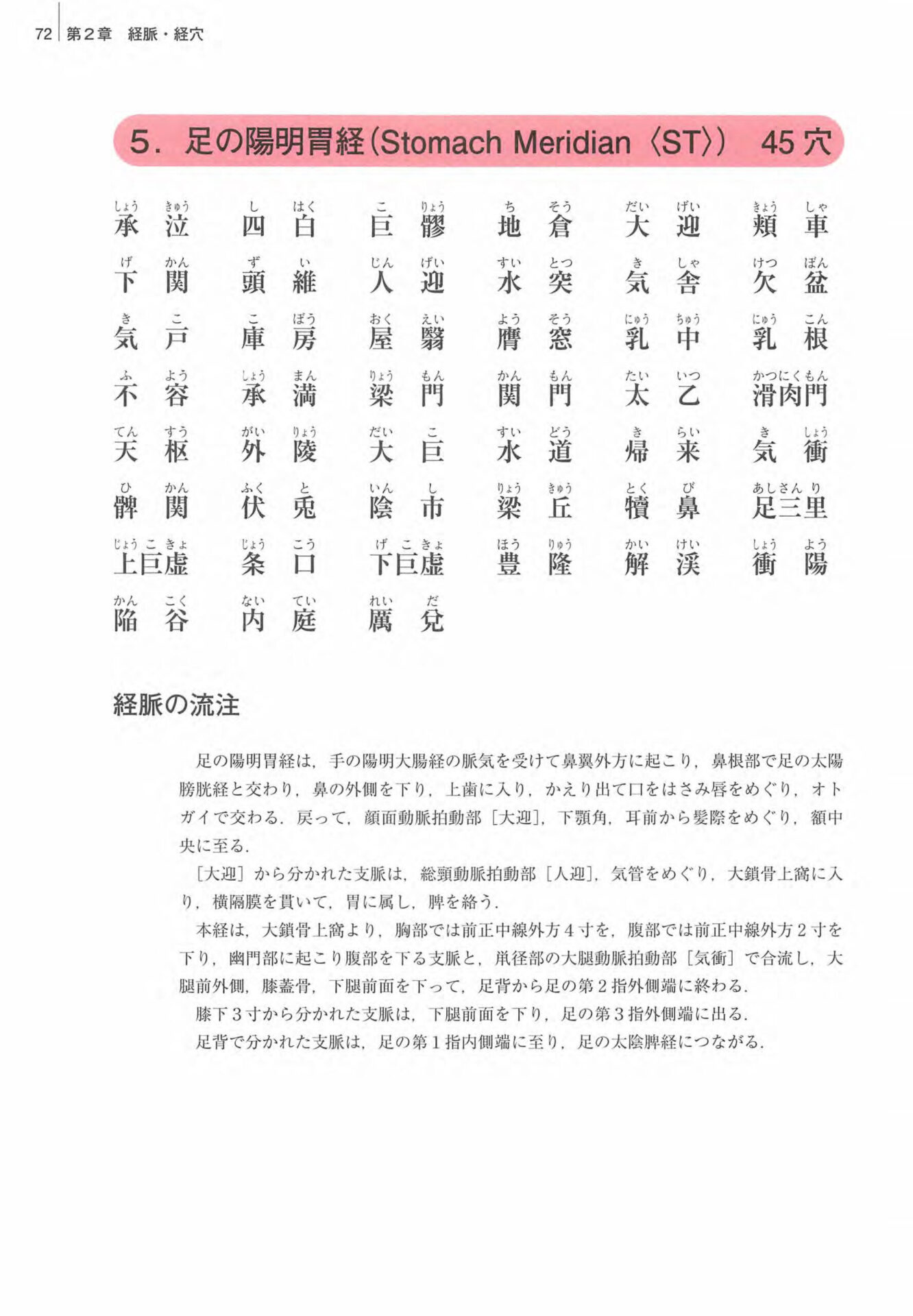 足の陽明胃経　経穴一覧